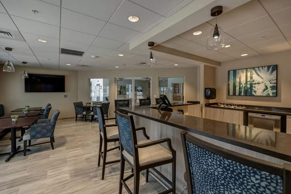 Interior common area with seating and a service counter