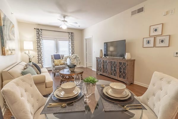 Bright and inviting common area with seating and decor