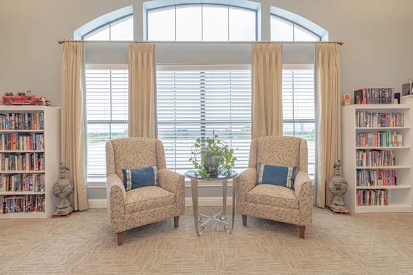 Interior common area with armchairs and bookshelves