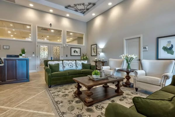 Comfortable seating area in a bright lobby