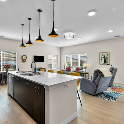Bright common area in a modern senior living facility