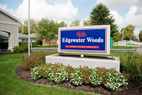Sign for Edgewater Woods senior living facility