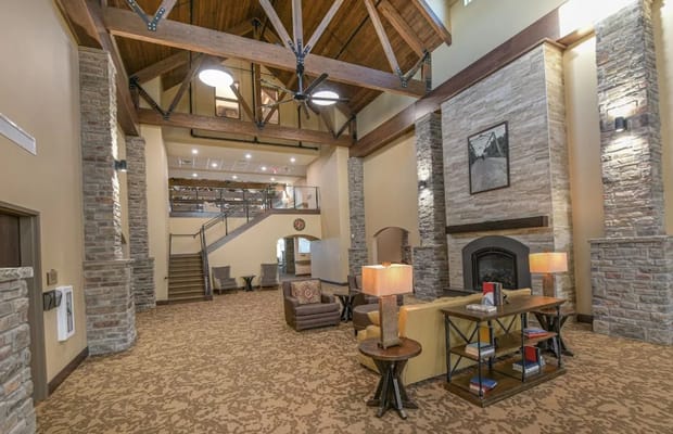 Bright interior common area with rustic decor