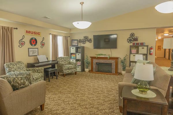 Bright common area with musical decor and seating