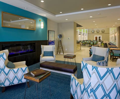 Bright interior common area with seating