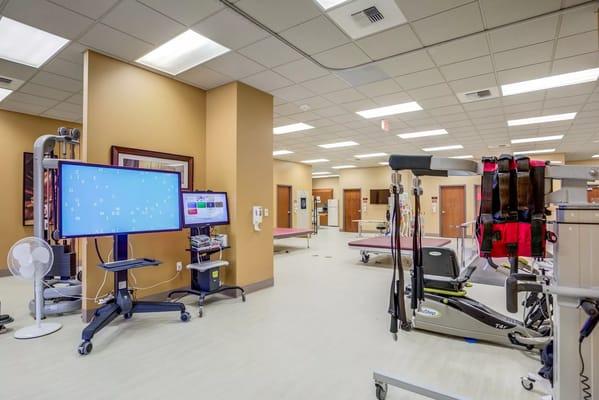 Interior of a rehabilitation facility with therapy equipment
