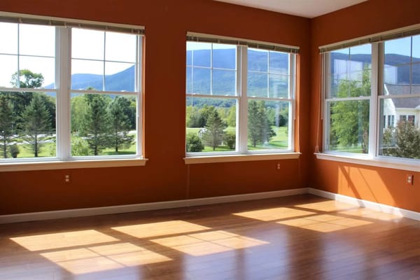 Bright room with large windows and mountain view