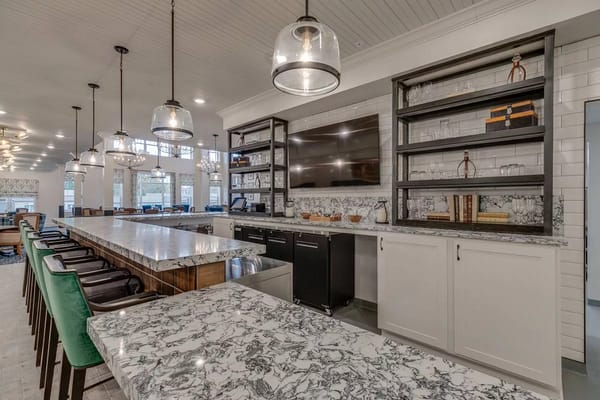 Bright, modern common area with communal seating