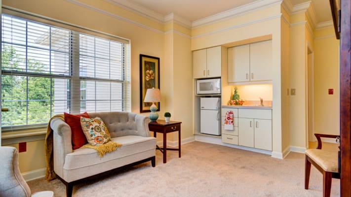Bright living room area with a couch and kitchenette