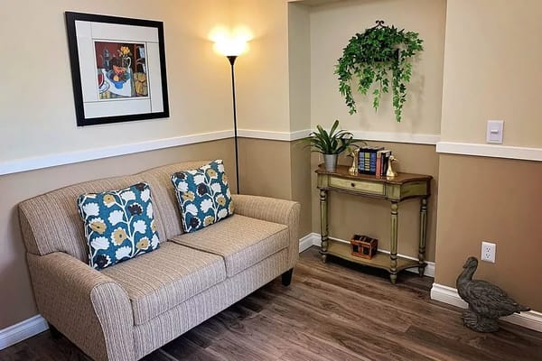 Comfortable couch and decor in lounge area
