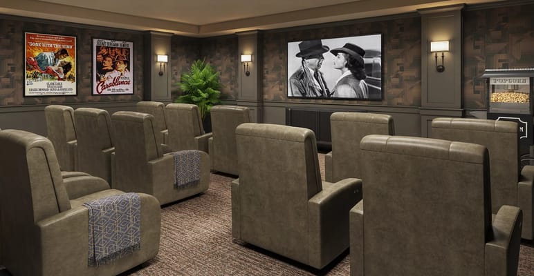 Interior of a cozy movie theater room with seating