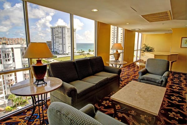 Interior common area with seating and ocean view