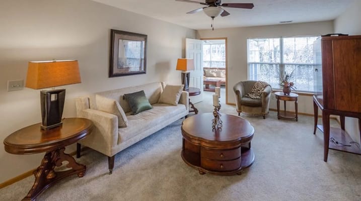 Spacious living room with a couch, lamp, and coffee table.