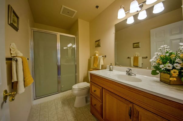 Bright, spacious bathroom with a shower, sink, and natural light.