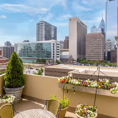 View from an outdoor space with city skyline