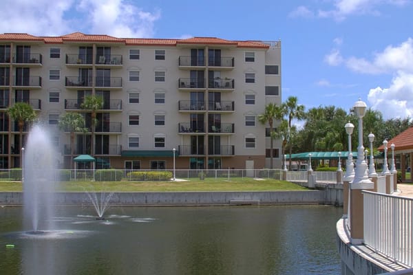 View of Fountainview senior living facility by the waterfront.