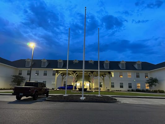 Exterior view of Francois Bend Senior Living at dusk