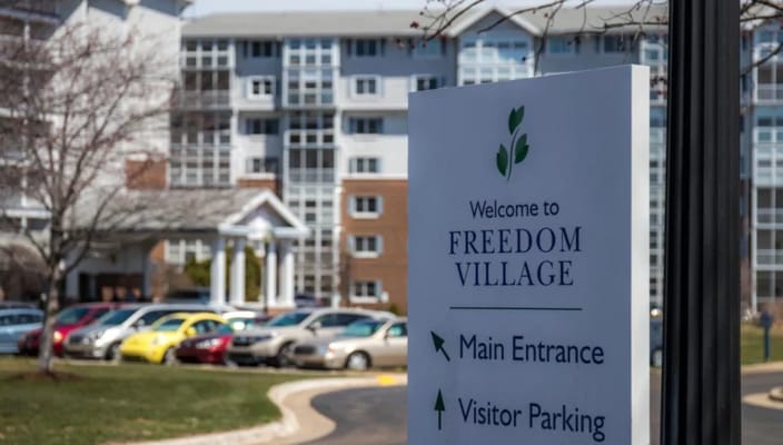 Sign at the entrance of Freedom Village with directions for main entrance and visitor parking.