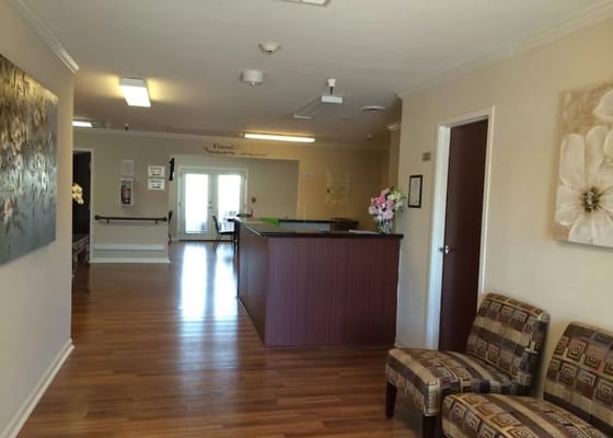 Interior view of a waiting area with seating
