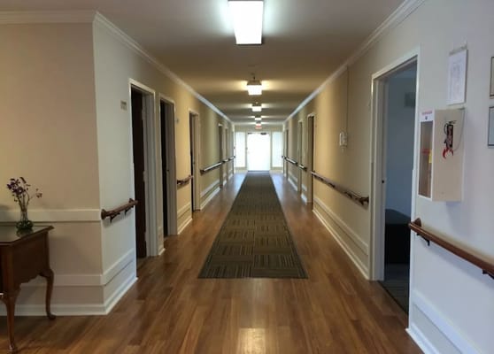 Bright interior hallway with wooden floors