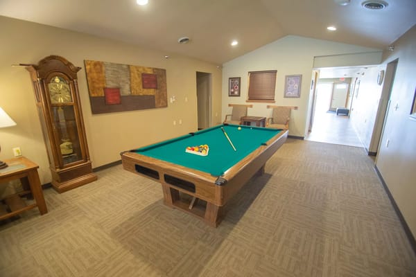Interior view of a recreation room with a pool table