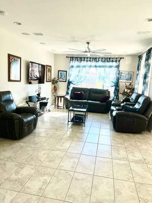 Bright and inviting common area with seating