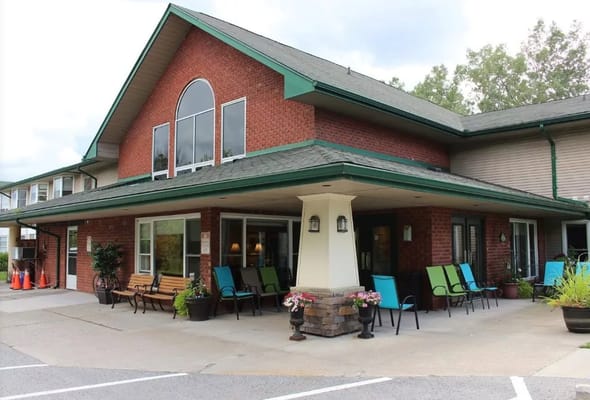 Exterior view of Garrison Place with outdoor seating