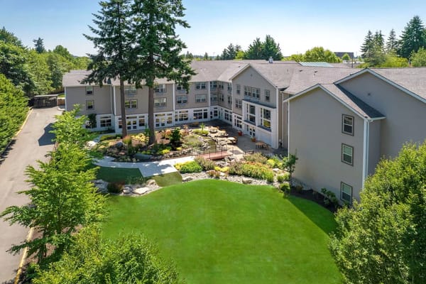 Aerial view of the assisted living facility with gardens