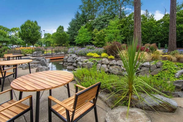A serene outdoor garden area with seating