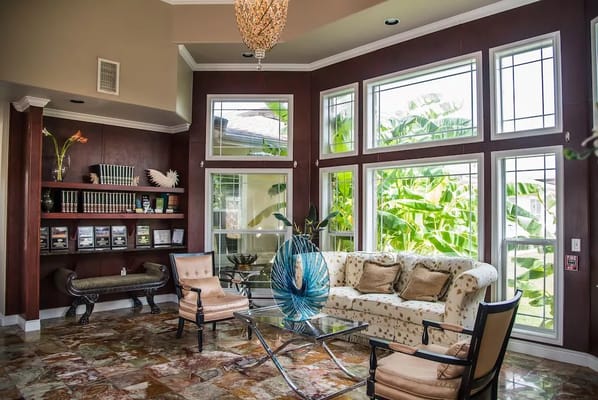 Bright and inviting interior lobby area with seating