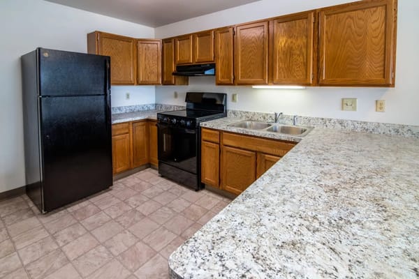 Modern kitchen with black appliances and wooden cabinets