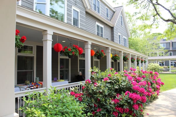 Porch area decorated with flowers and hanging plants