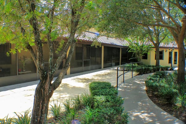 Pathway lined with trees and greenery at Gold Choice Ormond Beach.