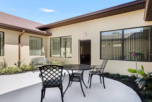Outdoor seating area in a garden space