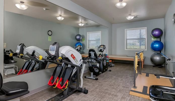 Interior view of a therapy room with exercise equipment