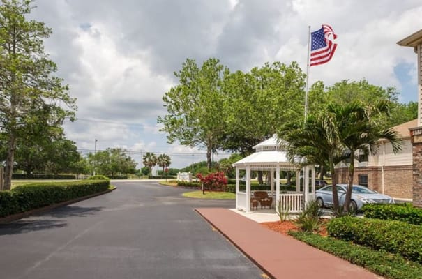 Gazebo and pathway in the outdoor area of the facility