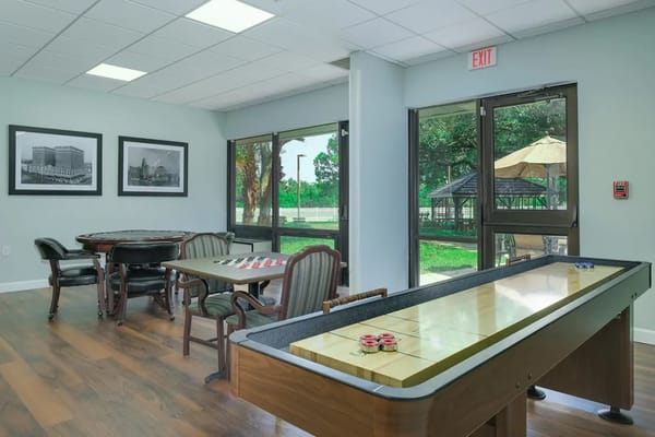 Common area with gaming tables and windows overlooking garden