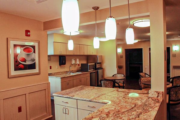 Interior view of a kitchen and common area