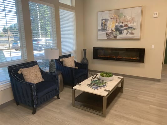 Cozy lounge with two blue armchairs, a coffee table, and a modern fireplace