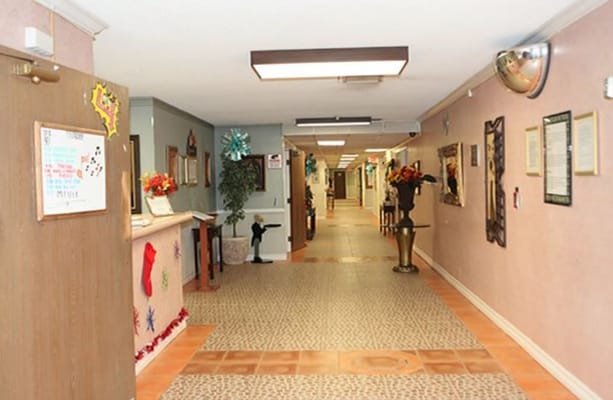 Brightly decorated hallway in an assisted living facility