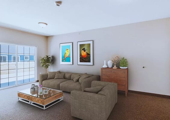Brightly decorated common area with comfortable seating