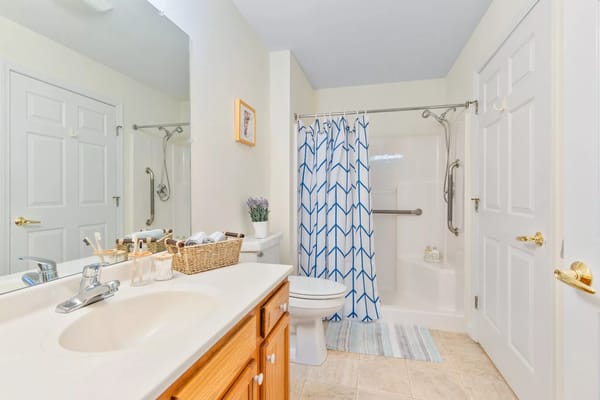 Bright bathroom with blue patterned shower curtain and accessible features.