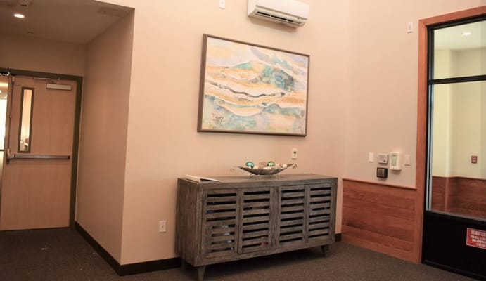 Interior view of a common area with artwork
