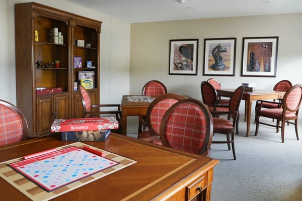 Game room with a Scrabble board and seating