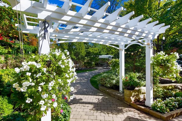 Outdoor garden pathway with pergola and flowers