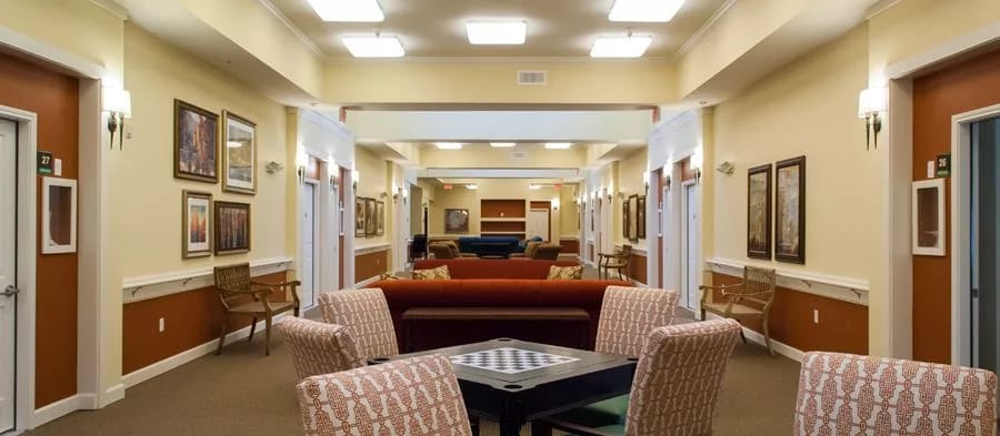 Interior view of a hallway in a senior living facility