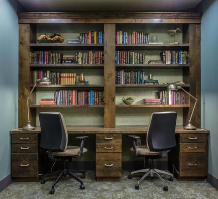 Bookshelf and study area in a senior living community