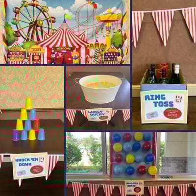 Colorful carnival games set up in a senior living facility.