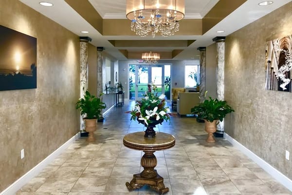 Elegant interior lobby space with decorative flowers
