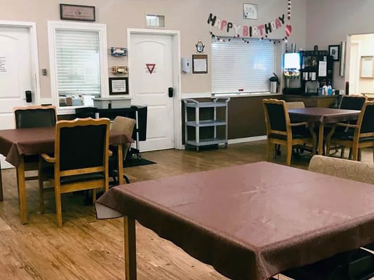 Dining area decorated for a birthday celebration